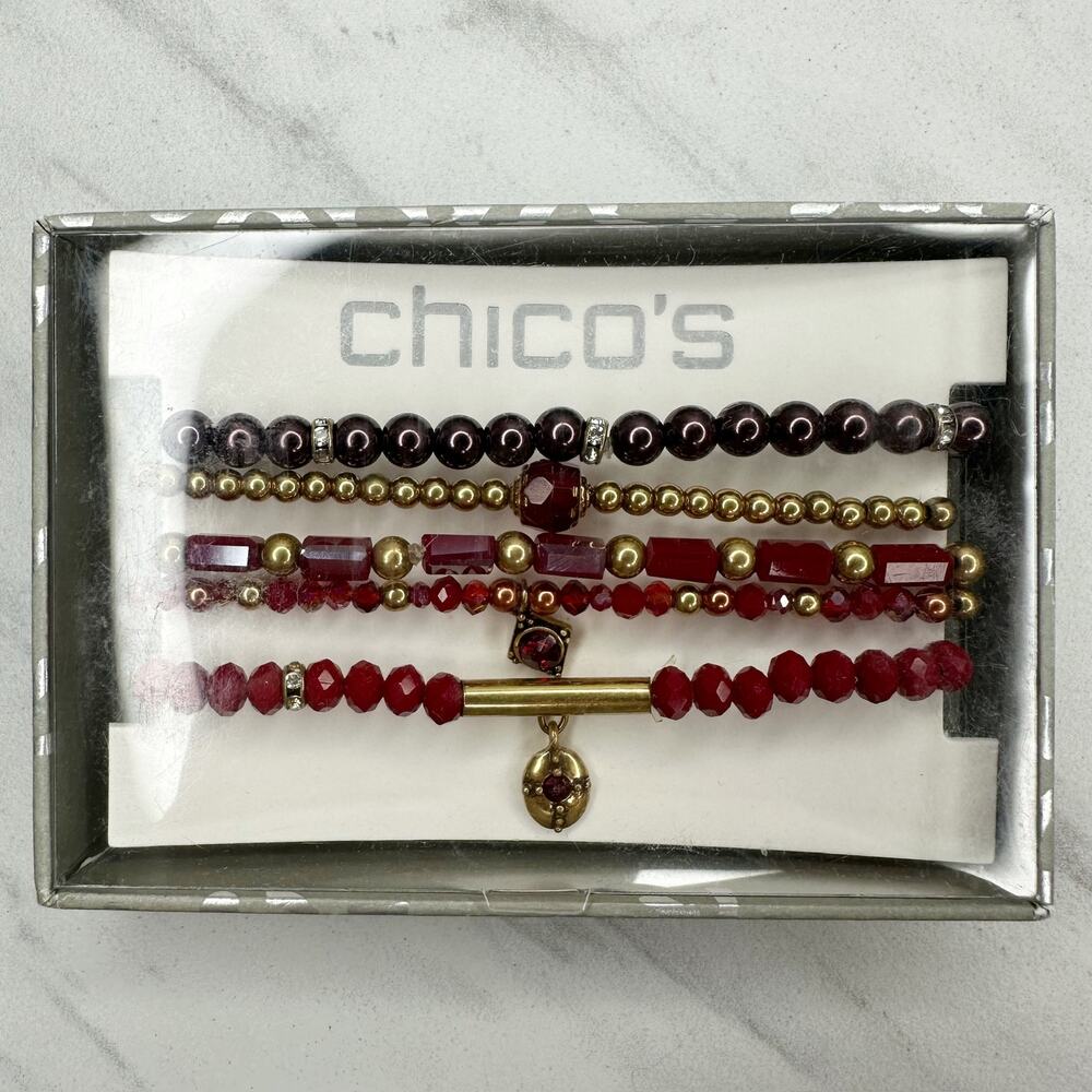Chico's Gold Tone Stretch Bracelet Set of 5 Red Burgundy ✨